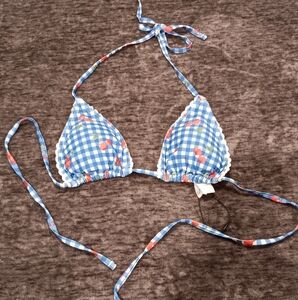 Womens Bikini Top Blue Gingham w/Cherries- NWOT